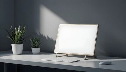 Bright white light therapy lamp positioned on a modern minimalist home office desk, providing essential illumination for seasonal well-being and focus amidst soft natural light and subtle plant decor