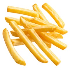 Pile of golden french fries on a white background