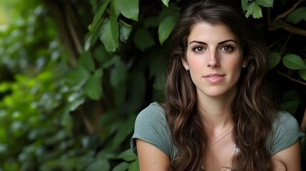 Fototapeta premium Portrait of a beautiful young woman with leafy green background. Natural light