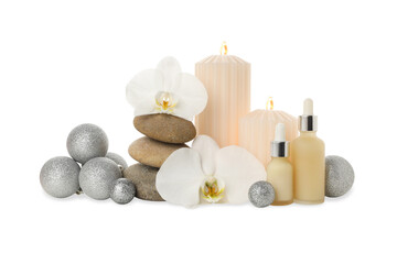 New Year spa items: candles, stones, ornaments, on white, PNG