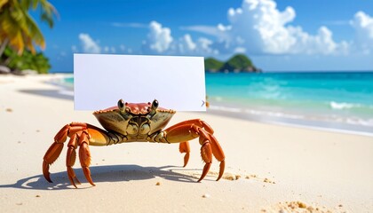 A crab stands on a sandy beach beside a blank signboard—turquoise waves roll in under a bright sky, with a lush island in the distance. A metaphor for invitation and the choreography of whimsy through