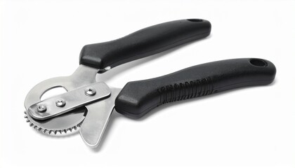 Obraz premium A black-handled can opener with a rotating blade and serrated feed wheel rests beside a spare blade. A metaphor for access and the choreography of utility through mechanical tension and domestic preci
