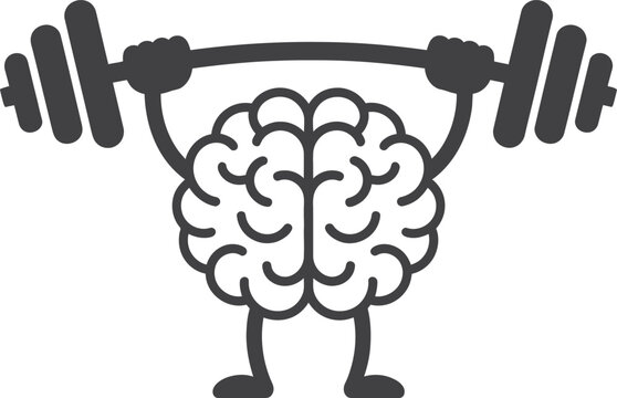 Cartoon brain lifting weights to represent mental strength and fitness
