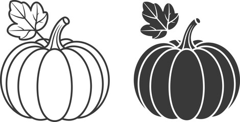 Two pumpkins one outlined and one solid silhouette with leaves