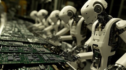 Fototapeta premium Advanced Robotic Automation in High-Tech Manufacturing Environment Featuring Humanoid Robots Working on Circuit Boards and Electronic Components