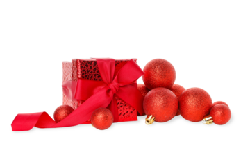 Red gift box with shiny holiday ornaments, on white, PNG