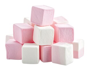 Pink and white square marshmallows in a pyramid pile