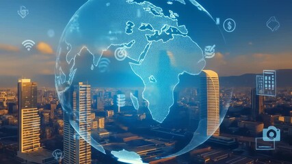 Futuristic urban cityscape featuring digital globe highlighting Africa and Europe sunset, showcasing connectivity, finance, and technology icons that symbolize global digital communication and smart - Powered by Adobe