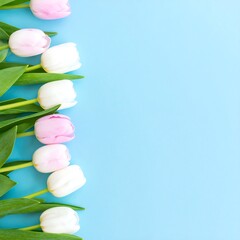 Pink and white tulips in a row on a blue background
