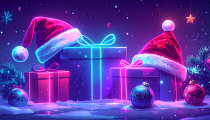 Festive Christmas gifts with Santa hats and neon lights on a snowy surface.