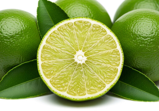 Closeup lime half with glossy peel and juicy pulp on white background, crisp citrus macro for cocktail recipes, vitamin content and refreshing menu graphics
