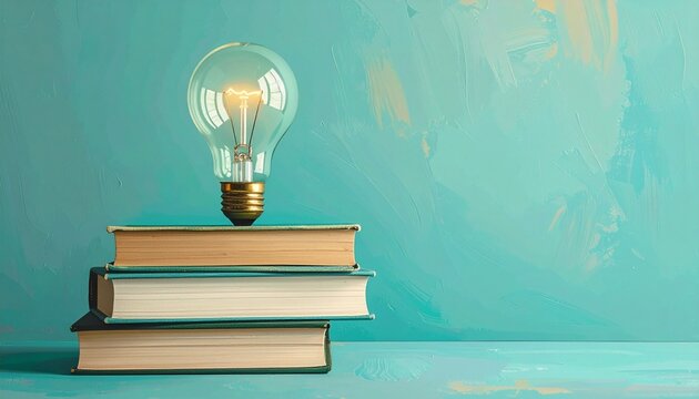 A glowing light bulb floats above a stack of five books against a teal backdrop—illumination meets knowledge. A metaphor for insight and the choreography of learning through layered stillness.
