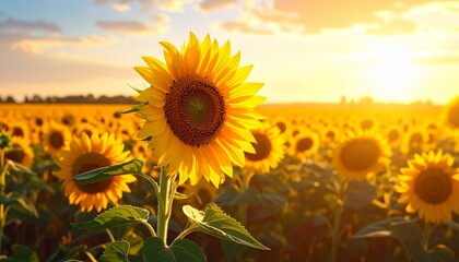 Naklejka premium A vibrant field of sunflowers bathed in the warm glow of a setting sun, with a single large sunflower in the foreground.