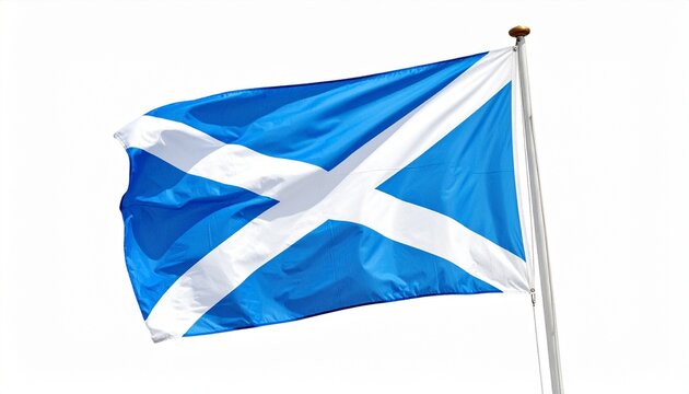 The Scottish flag, Saint Andrew’s Cross, flies on a flagpole against a partly cloudy sky—symbolizing national pride, heritage, and identity with its white diagonal cross on a blue field.