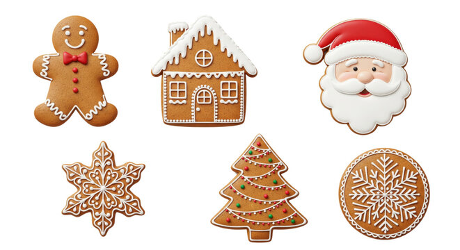 Set of Christmas gingerbread cookies isolated on white or transparent background