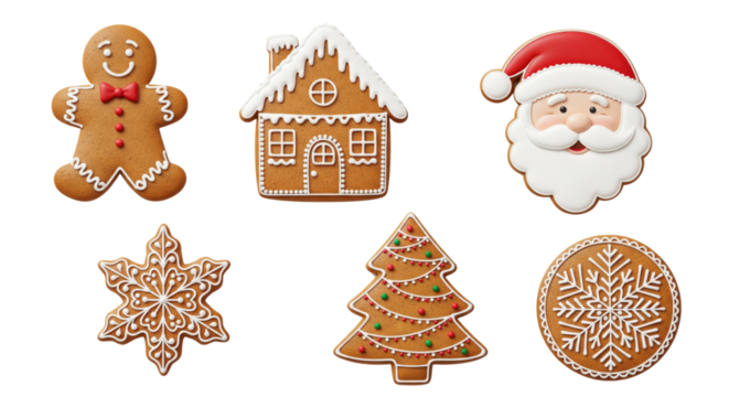 Set of Christmas gingerbread cookies isolated on white or transparent background