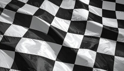 A wrinkled checkered flag of black and white squares ripples in close-up—an iconic symbol of endings and triumph. A metaphor for culmination and the choreography of closure through patterned motion.