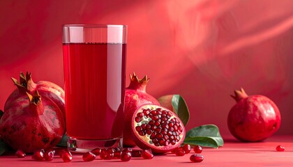 A glass of red pomegranate juice sits among whole and halved fruits—seeds glisten under a red gradient backdrop. A metaphor for vitality and the choreography of richness through liquid memory and tact