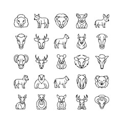 Array of outlined animal illustrations lion wolf deer ox bear sheep and others in distinct poses and facing directions