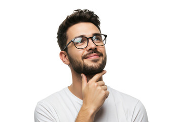 Obraz premium Thoughtful young man with glasses touching his chin with a subtle smile transparent background