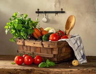 Rustic Wooden Basket Filled with Fresh Garden Vegetables on Wooden Table Against Plastered Wall in Warm Natural Light