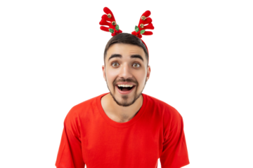 Man with antlers joyfully celebrates Christmas, isolated