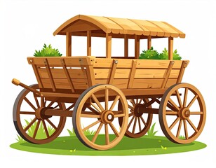 Rustic Wooden Cart with Overhanging Roof and Greenery on Green Grass Against White Background