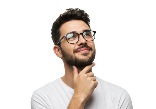 Thoughtful young man with glasses touching his chin with a subtle smile transparent background
