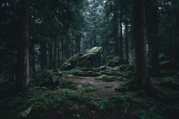 Misty forest with rocks