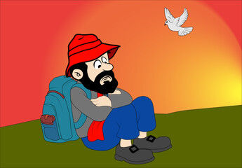 A tired traveler sits on a dove in the sky. , the devil in the sky