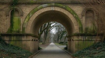 Obraz premium Ancient brick archway overgrown with moss stone pathway
