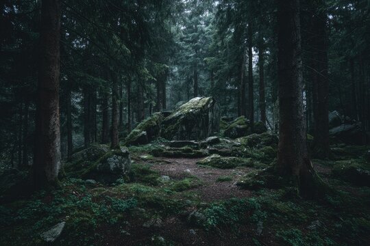 Misty forest with rocks
