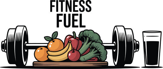 Fitness fuel healthy food and barbell combination for workout and nutrition