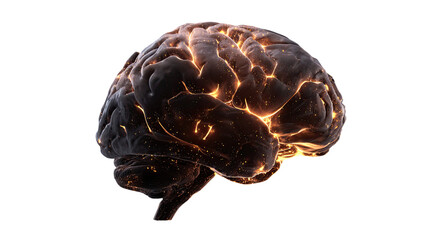 a glowing brain with orange highlights isolated on white background