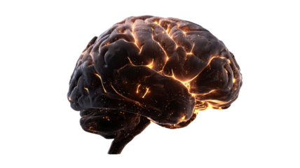 a glowing brain with orange highlights isolated on white background