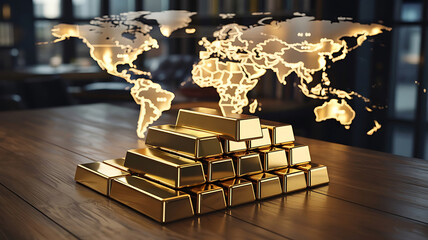Gleaming gold bars world map background precious metal