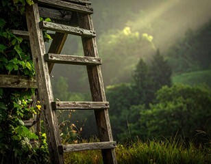 Rustic Wooden Ladder Leaning Against Foliage in Sunlit Green Forest