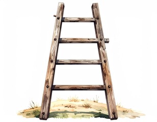 Rustic Wooden Ladder with Four Rungs Leaning on Grassy Patch Against White Background Watercolor Illustration