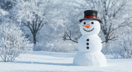 Cheerful snowman with a black hat and carrot nose in a snowy landscape
