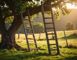 Rustic Wooden Ladders Leaning Against Old Oak Tree in Golden Sunlight on Green Grassy Field at Sunset