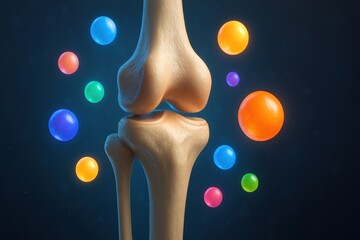 Metabolism support vitamin. A stylized knee joint surrounded by colorful orbs representing health and wellness concepts.