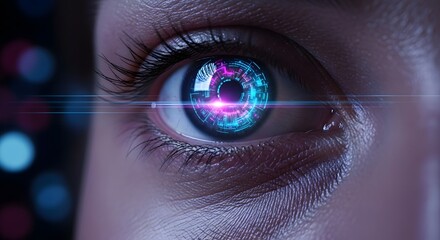 Future vision cybernetic eye displays advanced digital interface with glowing neon circuits and futuristic data streams, symbolizing innovation and technology.