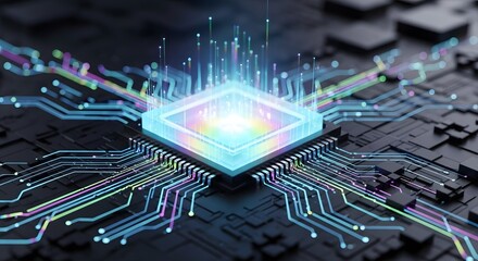Vibrant digital data streams flow from a glowing central processor on a futuristic circuit board, symbolizing innovation and connectivity.