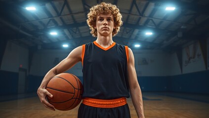 Determined young basketball player with curly hair holds ball in dimly lit gymnasium ready for game