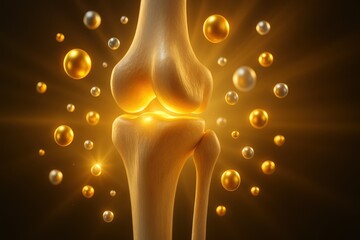 Metabolism support vitamin. Golden knee joint surrounded by shimmering bubbles, symbolizing health and vitality.