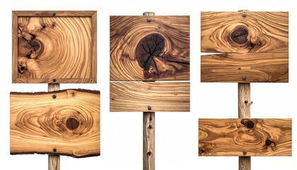 Rustic Wooden Sign Set With Natural Grain Texture on White Background