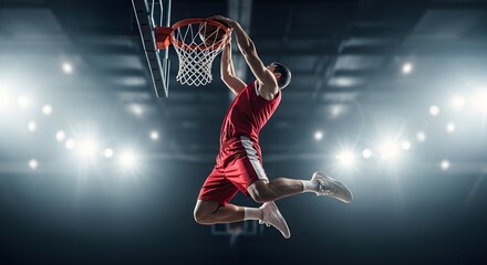 Dynamic basketball player soaring for a powerful slam dunk under bright stadium lights, showcasing athleticism and competitive spirit.