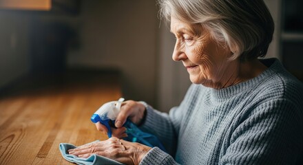 Senior Woman Cleaning Wooden Table with Spray Bottle and Cloth for Hygiene and Home Care