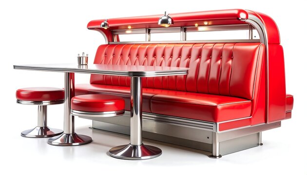 Retro red diner booth with table and stools