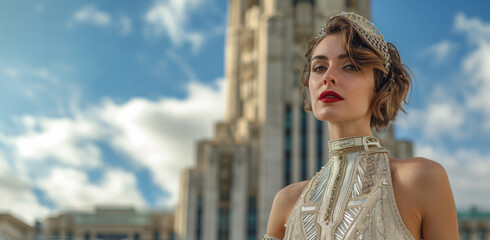 An elegant woman in vintage fashion poses confidently against a city backdrop, capturing the glamour of a bygone era. Ideal for themes of fashion, history, and timeless beauty